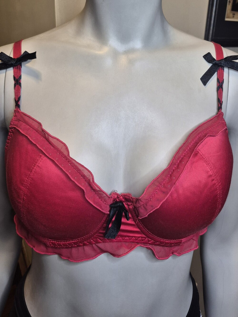Blush Bright Red Ruffle Underwire Bra with Black Bow Accents